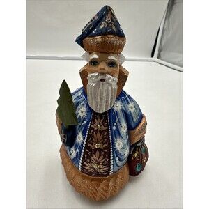 Vtg Russian Santa Claus Hand Carved Painted Figure Signed 5.5” Holding Tree Gift
